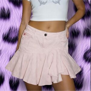 BCBGirls Early 2000s Baby Pink Asymmetrical Corduroy Pleated Fairy Mini Skirt